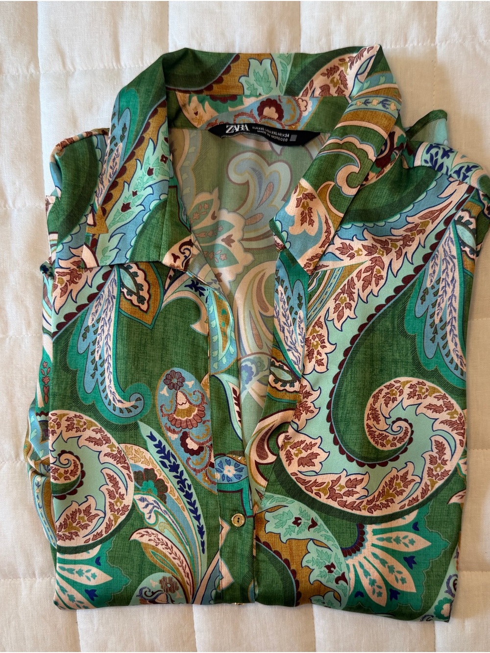 Zara Green Paisley Button-Front Women's Blouse - XL - Picture 4 of 6